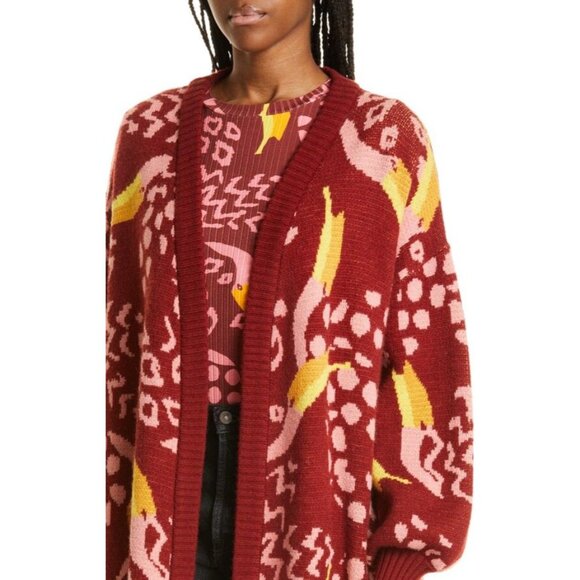 FARM Rio Cardigan L Toucanissimo Belted Longline Red Burgundy Cozy - Picture 4 of 13